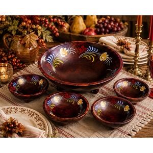 Vintage Woodcraftery Hand Painted Wood Salad Bowl Set Folk Art 5 Piece